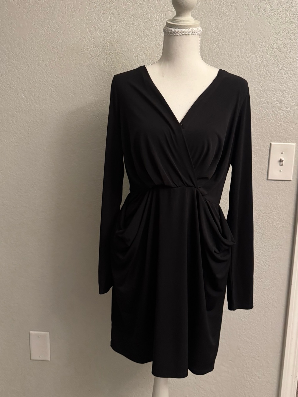 BCBGeneration Black Long Sleeve Faux Wrap Draped Pocket Dress Size M
